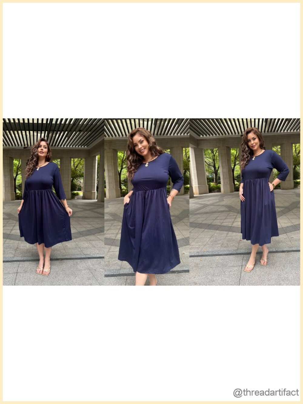 Plus Size 3/4 Sleeve A-Line Midi Dress with Pockets Casual Loose Flowy Boho - Picture 5 of 6